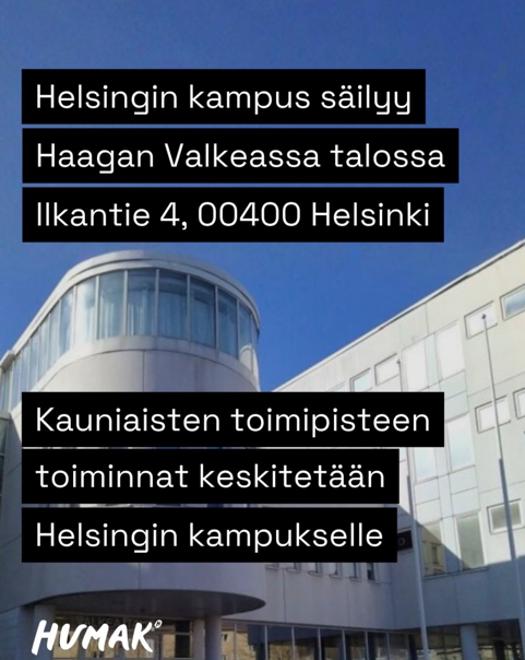 Valokuva Helsingin kampuksesta. Teksti: Helsingin kampus säilyy Haagan Valkeassa talossa, Ilkantie 4, 00400 Helsinki. Kauniaisten toimipisteen toiminnat keskitetään Helsingin kampukselle.