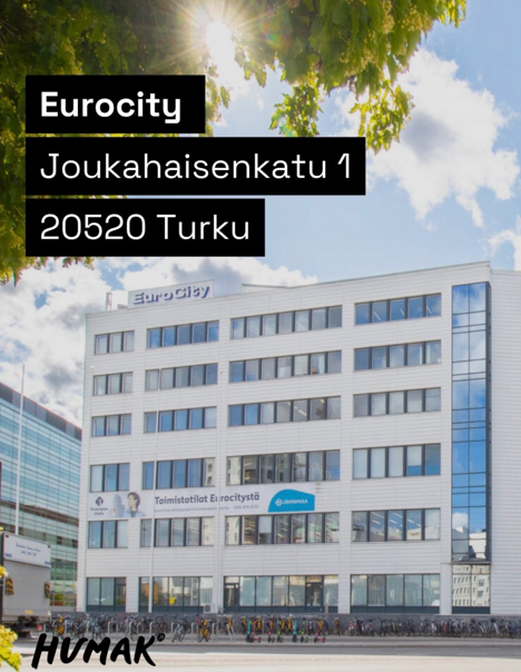 Valokuva Turun kampuksesta. Teksti: Eurocity, Joukahaisenkatu 1, 20520 Turku.